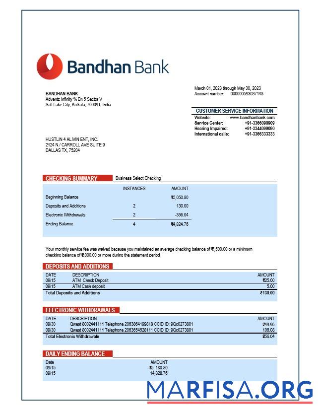 Blank Bandhan Bank organization account statement Word and PDF template
